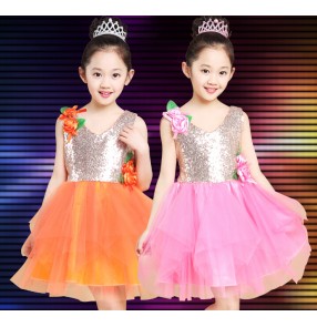 Pink orange gold Girls child children kids baby paillette sequined sleeveless modern dance stage performance princess latin dance jazz dance dresses costumes