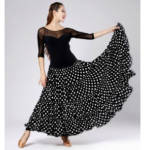 Polka dot  middle long length sleeves bull skirted ballroom dance dress