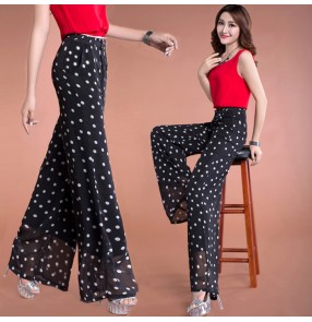 Polka dot white and black colored chiffon material  casual fashionable style long length women's ladies female wide legs swing practice dance pants only 
