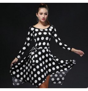 Polka dot Women's ladies fashionable fuchsia wine red black long sleeves latin dance dresses set top and skirts S-XXL