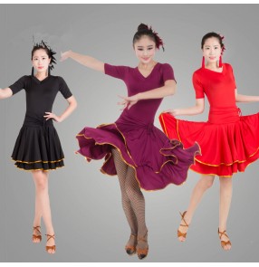 Purple red black short sleeves womens women's ladies female v neck sexy competition professional practice swing skirts latin samba salsa cha cha dance dresses 