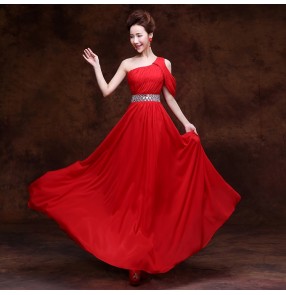 Purple red champagne Women's lady one shoulder A-line long length Evening dress wedding party bridal dress