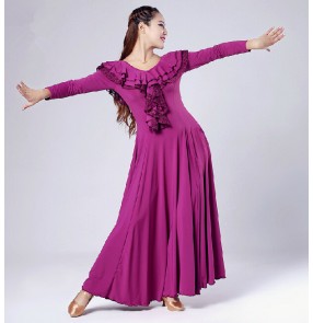 Purple royal blue long sleeves long length big skirted ballroom dancing dress