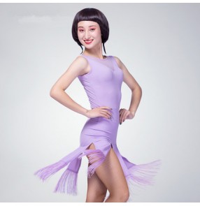 Purple violet black  back see through fringes split hem women's ladies leotards female fashion sexy competition professional dresses outfits costumes