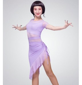 Purple violet black fringes tassels see through waist women ladies female short sleeves gymnastics competition latin salsa dance dresses outfits