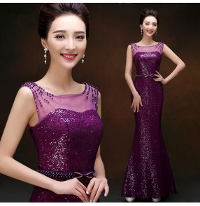 Purple violet red gold yellow sequins beaded double neck women's fashion sexy see through back and front mermaid long length wedding evening party gown vestidos dresses  