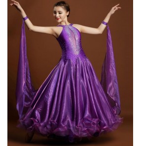 Purple violet white diamond rhinestones halter Backless deep v  see through breast sleeveless competition professional full standard  ballroom waltz tango dance dresses 