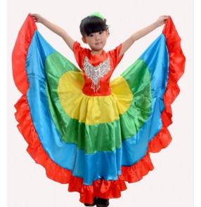 Rainbow colored big swing skirted girls kids child children toddlers growth modern dance stage performance Folk dance spanish dance Flamenco bull dancing dresses costumes