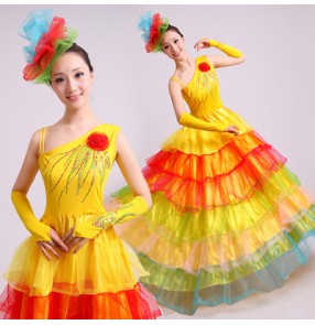 Rainbow colored multi colorful yellow colored modern dance stage performance women ladies female girls big swing hem skirts spanish bull dance folk dance opening dance dresses 540degree