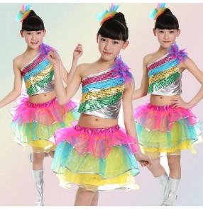 Rainbow colored paillette girls kids child children toddlers jazz one shoulder split set modern dance stage performance dance dresses costumes