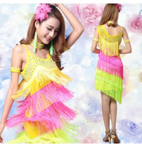 Rainbow colored women's ladies female competition rhinestones tassels sexy sleeveless  samba salsa cha cha  latin dance dresses