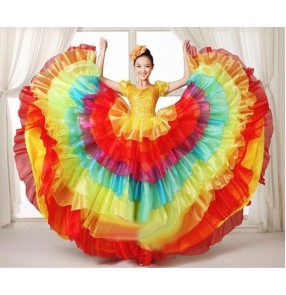 Rainbow colored women's ladies modern dance stage performance folk dance spanish bull dance costumes big swing skirts dance dresses