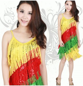 Rainbow colored yellow green red women's ladies female competition professional paillette  tassels strap sleeveless  latin samba salsa cha cha dance dresses 