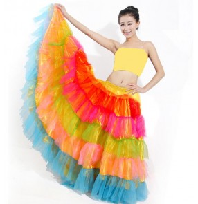 Rainbow colorful colored layers ruffles womens ladies girls women's female bull dance spanish bull dance skirts  modern dance stage performance skirts  540degree