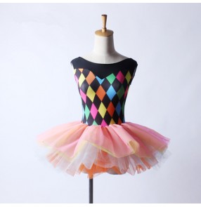 Rainbow plaid printed pink patchwork leotards tutu skirt girls kids children school competition performance ballet dance dresses outfits costumes