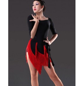 Red and black leopard and black Women's sexy patchwork tassel latin dance dresses set top and skirt salsa samba dress