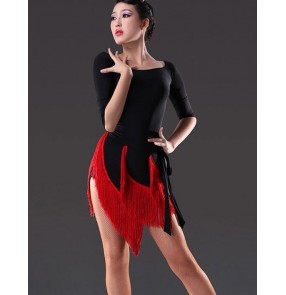 Red and black leopard and black Women's sexy patchwork tassel latin dance dresses set top and skirt salsa samba dress