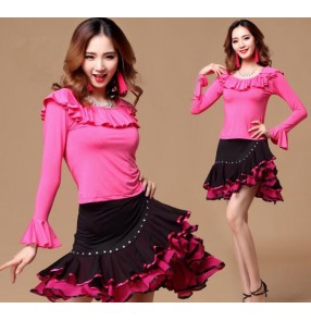 Red black fuchsia violet purple patchwork long sleeves ruffles neck  and ruffles skirts women's ladies female practice exercises competition latin salsa cha cha dance costumes dresses sets