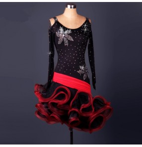 Red black patchwork colored rhinestones mesh fabric long sleeves women's ladies female competition professional latin samba salsa cha cha dance dresses