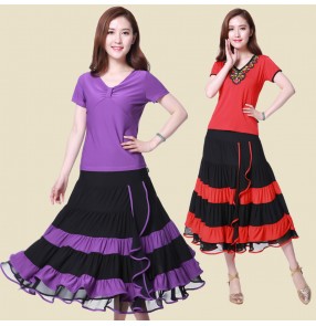 Red black purple violet colored women's ladies female short sleeves competition exercises practice latin salsa cha cha rumba samba dance dresses split set