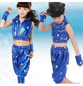 Red black royal blue girls kids child boys toddlers growth stage performance pu leather modern dance jazz hip hop street dance dj singer dance costumes clothes set 