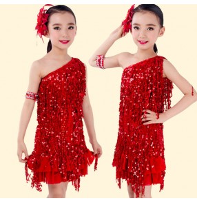 red black turquoise royal blue paillette sequins one shoulder girls kids child children competition professional  tassels latin samba salsa cha cha dance dresses