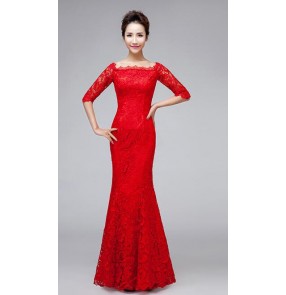 Red black Women's lace closure back half shoulder mermaid off shoulder round neck Evening dress wedding party bridals dress