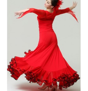 Red black Women's ladies girls long length professional high quality competition standard full skirted ballroom  waltz tango flamenco dance dresses sets tops and skirts