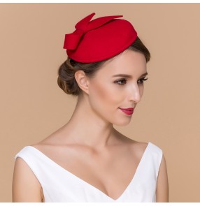 Red black Womens Dress Vintage Wool Pillbox Hat Party Wedding Bow Veil