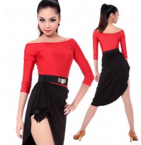 Red black zebra black patchwork colored women's ladies female short sleeves competition latin samba salsa cha cha dance dresses split set body top and skirt 