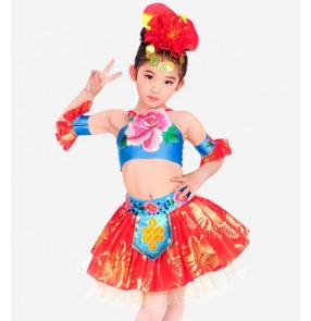 Red blue patchwork flower modern dance girls kids child children toddlers stage performance  cos play jazz dance modern dance costumes dresses 