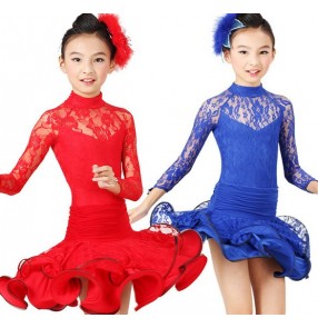 Red Blue Polyester Budsilk Long Sleeves Latin Dance Dress Ballroom Dance Dress Latin Girls