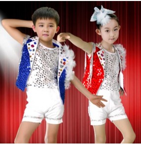 Red blue sequined paillette  short sleeves boys  girls kids child children toddlers kindergarten jazz dj ds dance costumes modern dance stage performance hip hop clothes