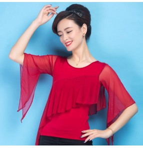 Red colored chiffon short  sleeves  round neck ruffles neck women's ladies female competition professional ballroom latin tango samba cha cha dance tops only 