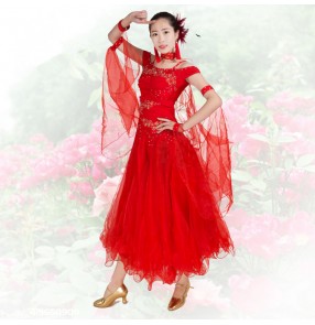 Red colored diamond womens women's ladies female short sleeves dew shoulder high quality professional competition full skirt standard ballroom tango waltz dance dresses