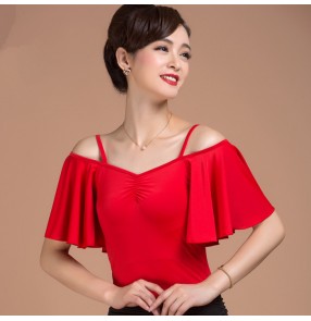 Red colored short cap  sleeves  dew shoulder women's ladies female v neck sexy competition professional latin ballroom tango waltz tops only