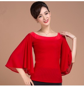 Red colored women's ladies female womens loose sleeves boat neck ballroom competition professional latin samba dance  tops only 