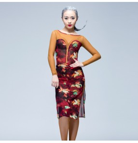 Red floral printed patchwork mesh fabric long sleeves round neck backless sexy fashionable womens women's ladies female competition high quality professional latin dance dresses samba salsa cha cha rumba dance dresses