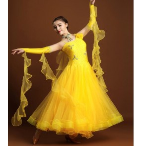 Red fuchsia gold neon yellow rhinestones diamond competition professional ballroom tango waltz dance dresses with gloves  and choker 