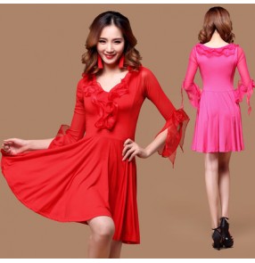 Red fuchsia royal blue purple violet v neck ruffles middle long sleeves big swing skirt competition professional latin salsa cha cha rumba samba dance dresses