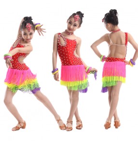  Red Girls kids child children baby red rhinestones diamond sleeveless fringe competition latin samba salsa cha cha  ballroom dance dresses 