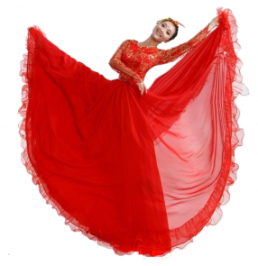 Red gold lace tops long sleeves patchwork flamenco spanish folk bull dancing big wide skirted women's stage performance dance dresses outfits costumes