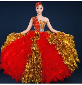 Red gold one shoulder sequins paillette ruffles petal stage performance women's flamenco opening dancing  party cosplay chorus singer dancing big skirted long dresses
