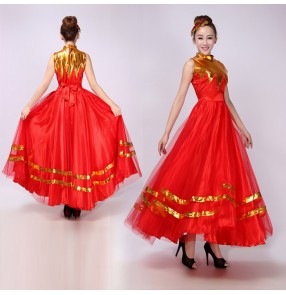 Red gold patchwork womens ladies female  long length flamenco opening dancing modern dance chorus spanish bull dance stage performance dance dresses 