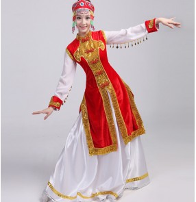 Red gold white patchwork long sleeves long length robe women's ladies Mongolian folk minority folk performance cosplay party dancing dresses outfits costumes
