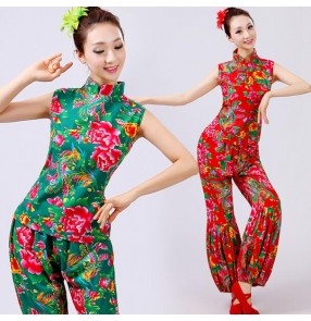 Red green floral printed vintage flower womens ladies female women's turtle neck sage performance square dancing Chinese folk dance fan yangko dance costumes dresses