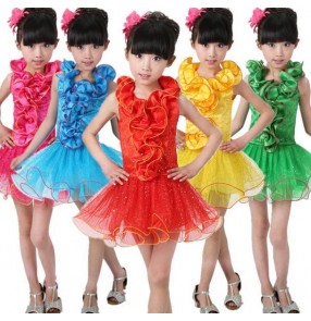 Red green fuchsia yellow gold  turquoise blue sleeveless ruffles neck girls kids child children growth toddlers baby modern dance stage performance latin salsa cha cha rumba samba dance dresses