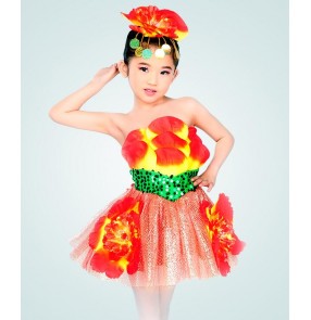 Red green patchwork flowers off shoulder spring summer girls growth kids child children growth jazz ds dj paillette  folk dance modern dance stage performance dance costumes dresses 