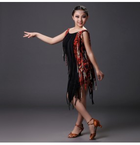 Red leopard brown leopard printed colored girls children kids toddlers sleeveless competition professional tassels  latin dance dresses