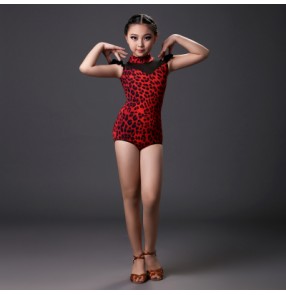 Red leopard printed black colored girls kids toddlers sleeveless turtle neck competition professional practice leotard latin salsa cha cha dance catsuit bodysuit tops